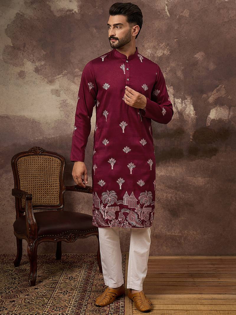 Men maroon silk blend solid embroidered straight kurta