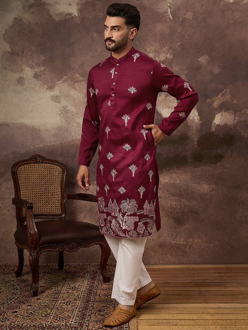 Men maroon silk blend solid embroidered straight kurta