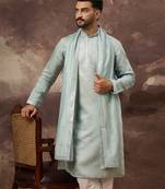 Men blue silk blend embroidered straight kurta trouser with dupatta