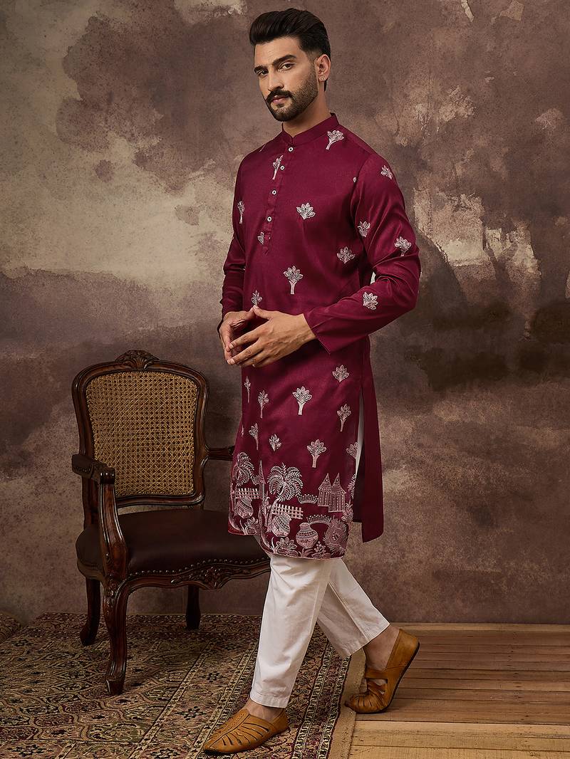 Men maroon silk blend solid embroidered straight kurta
