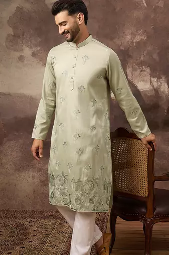 Men green silk blend solid embroidered straight kurta