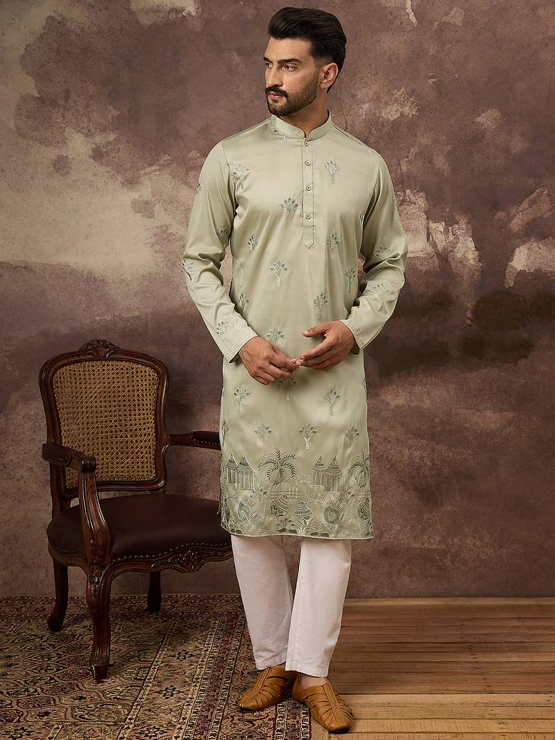 Men green silk blend solid embroidered straight kurta