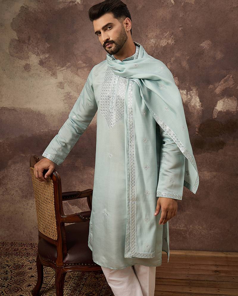 Men blue silk blend embroidered straight kurta trouser with dupatta