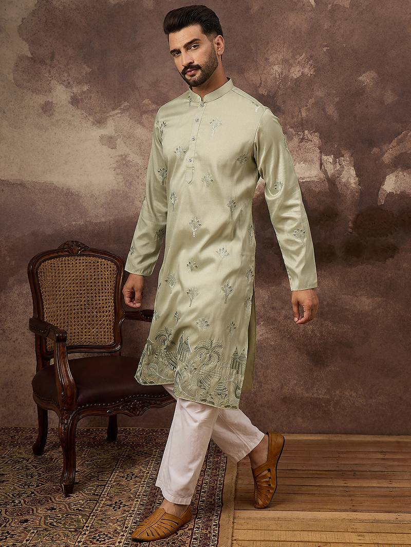 Men green silk blend solid embroidered straight kurta