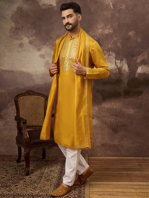 Men yellow silk blend embroidered straight kurta trouser with dupatta 3