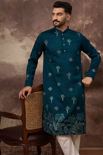 Men blue silk blend solid embroidered straight kurta
