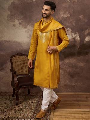 Men yellow silk blend embroidered straight kurta trouser with dupatta 5