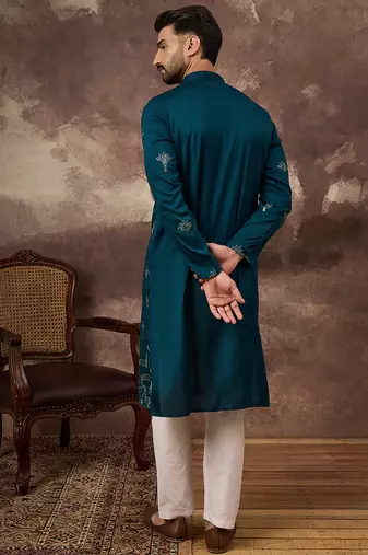 Men blue silk blend solid embroidered straight kurta