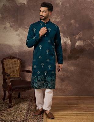 Men blue silk blend solid embroidered straight kurta 5