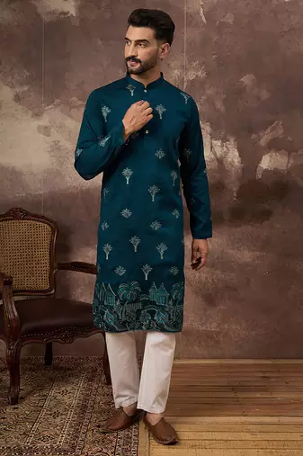 Men blue silk blend solid embroidered straight kurta