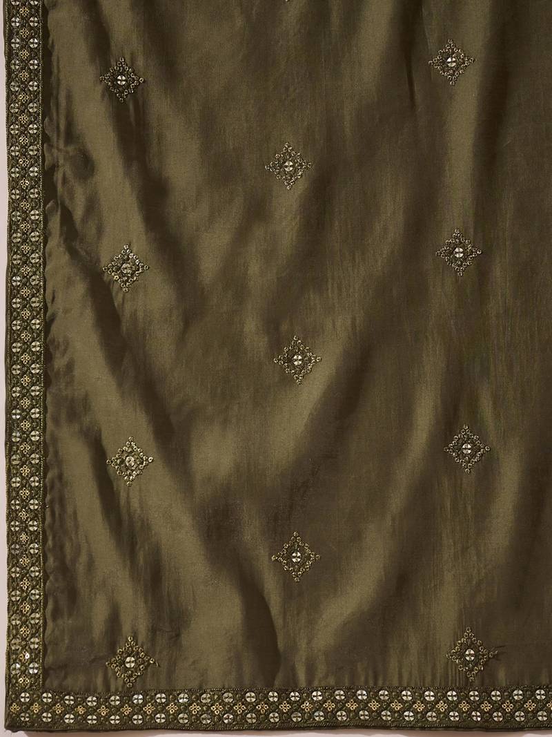 Men green silk blend solid embroidered straight kurta with dupatta
