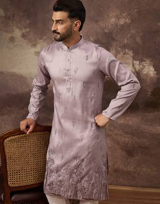 Men lavender silk blend solid embroidered straight kurta 1