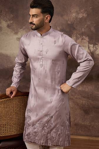 Men lavender silk blend solid embroidered straight kurta