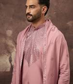 Men pink silk blend solid embroidered straight kurta with dupatta