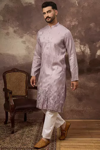 Men lavender silk blend solid embroidered straight kurta