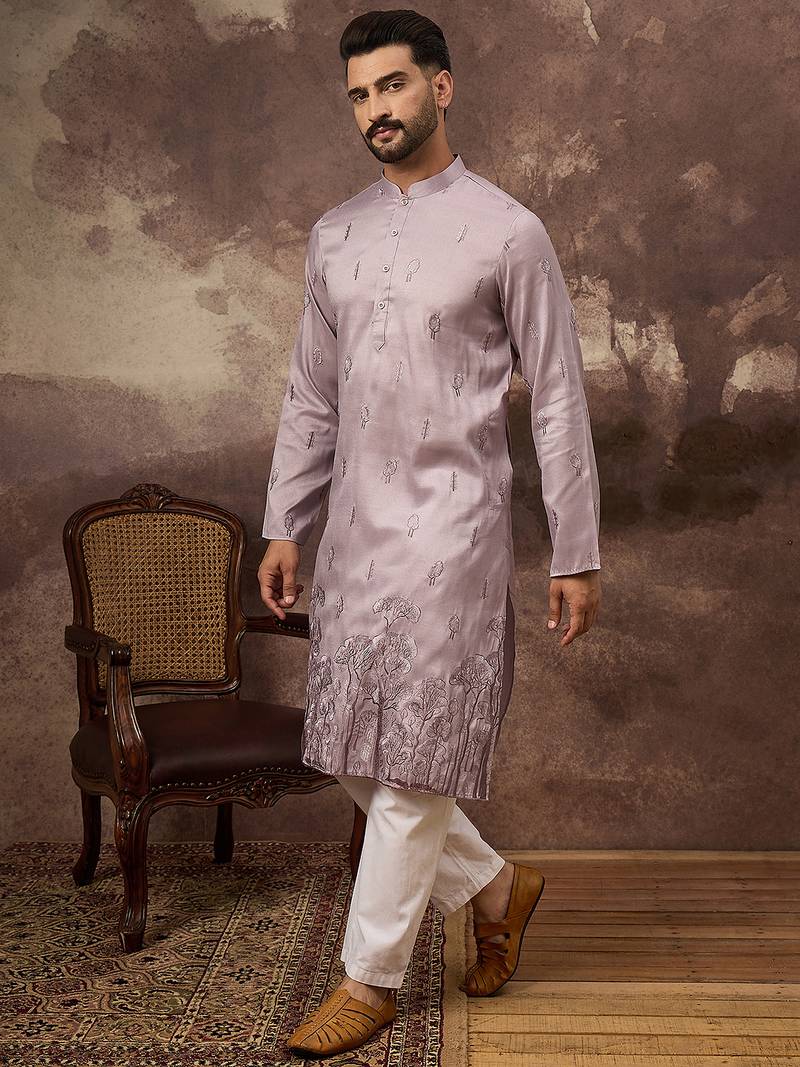 Men lavender silk blend solid embroidered straight kurta