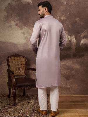 Men lavender silk blend solid embroidered straight kurta 4