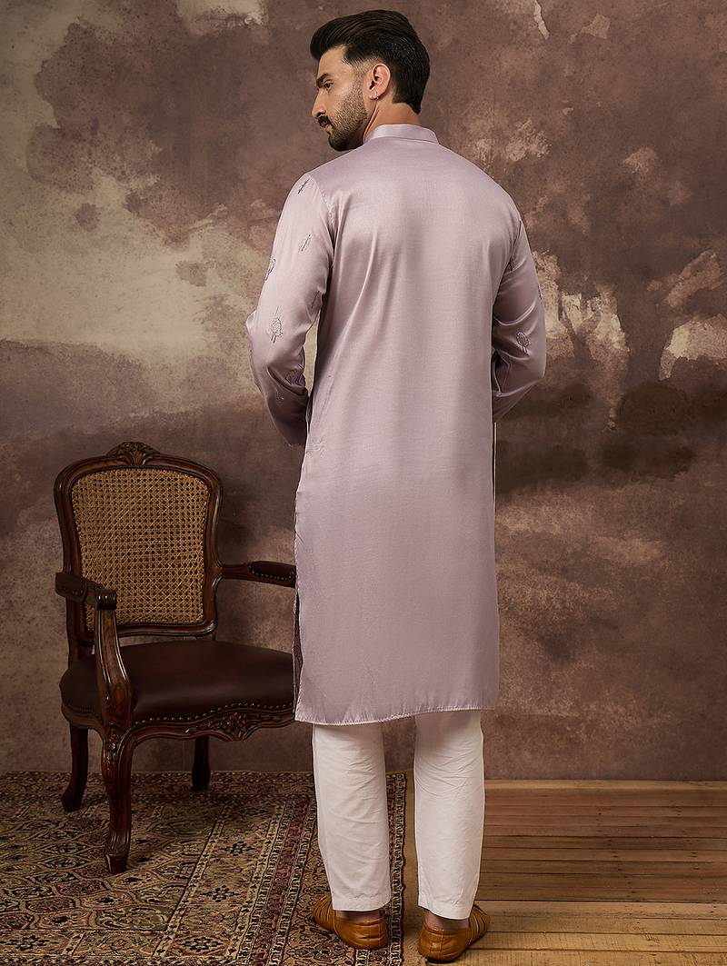 Men lavender silk blend solid embroidered straight kurta