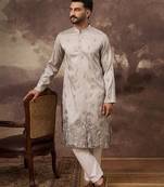 Men grey silk blend solid embroidered straight kurta