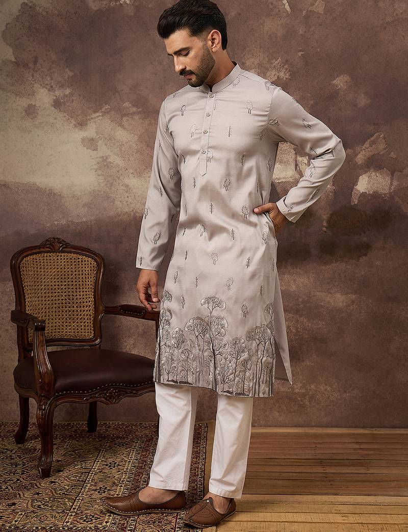 Men grey silk blend solid embroidered straight kurta