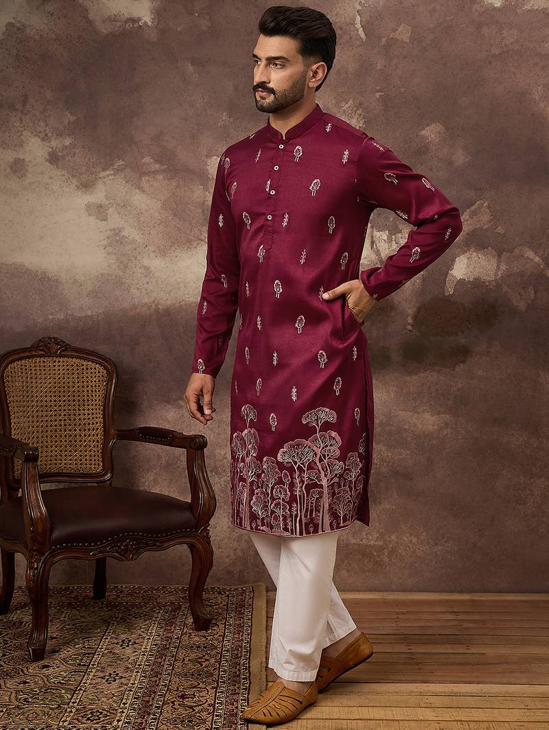 Men maroon silk blend solid embroidered straight kurta