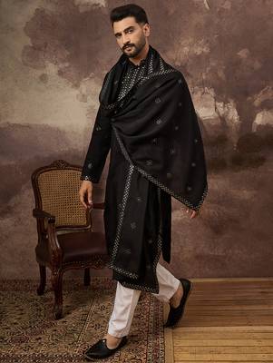 Men black silk blend solid embroidered straight kurta with dupatta 3