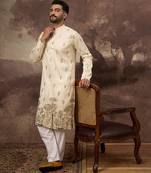 Men white silk blend solid embroidered straight kurta
