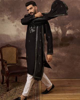 Men black silk blend solid embroidered straight kurta with dupatta 5