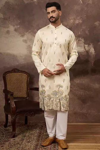Men white silk blend solid embroidered straight kurta