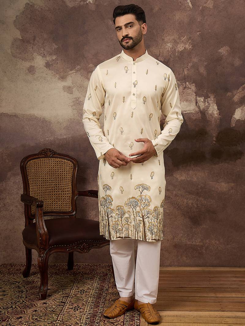 Men white silk blend solid embroidered straight kurta
