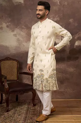 Men white silk blend solid embroidered straight kurta