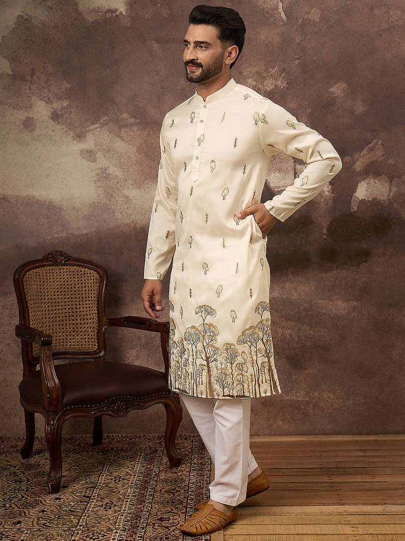 Men white silk blend solid embroidered straight kurta