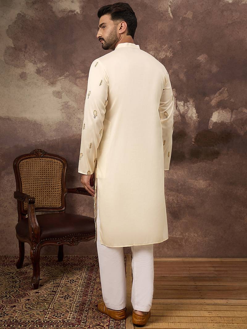 Men white silk blend solid embroidered straight kurta