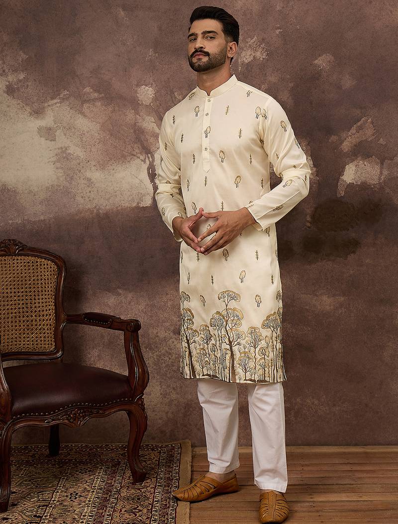 Men white silk blend solid embroidered straight kurta