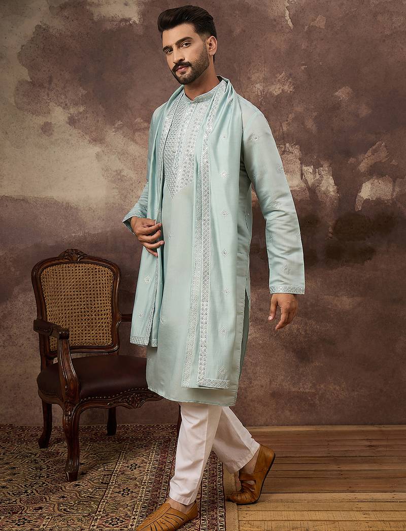 Men blue silk blend solid embroidered straight kurta with dupatta