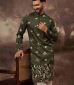 Men green silk blend solid embroidered straight kurta