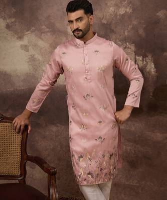 Men peach silk blend solid embroidered straight kurta 1