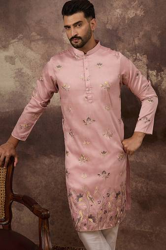 Men peach silk blend solid embroidered straight kurta