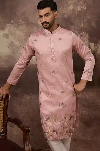 Men peach silk blend solid embroidered straight kurta