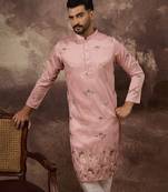 Men peach silk blend solid embroidered straight kurta