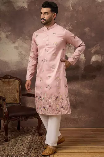 Men peach silk blend solid embroidered straight kurta
