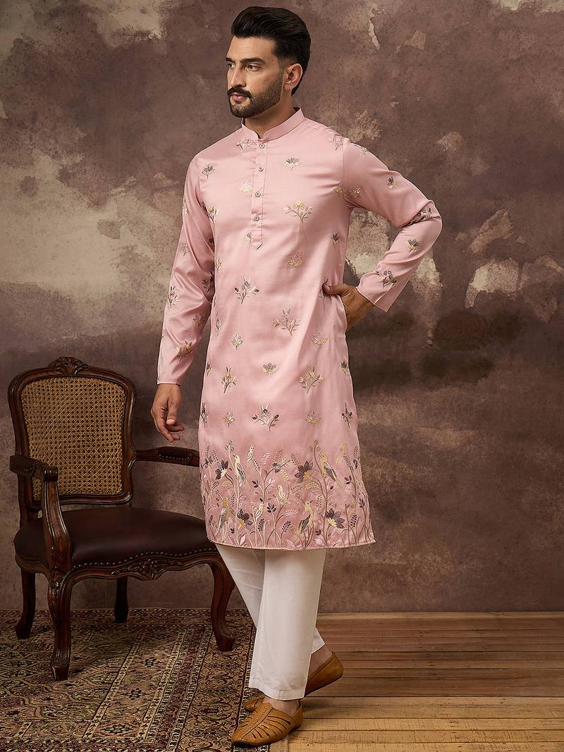 Men peach silk blend solid embroidered straight kurta
