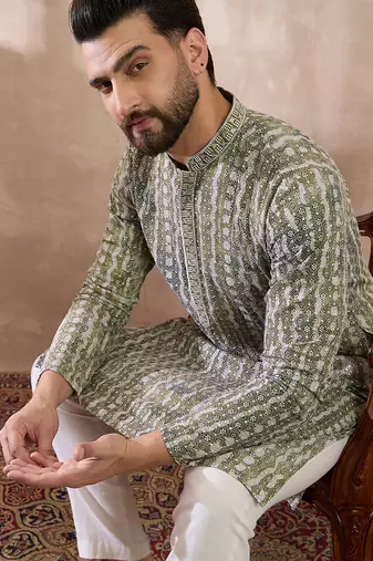 Men green silk blend printed mandarin collar straight kurta