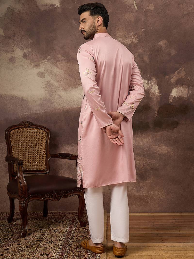 Men peach silk blend solid embroidered straight kurta