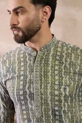 Men green silk blend printed mandarin collar straight kurta