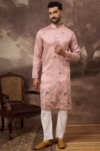 Men peach silk blend solid embroidered straight kurta