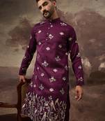 Men purple silk blend solid embroidered straight kurta