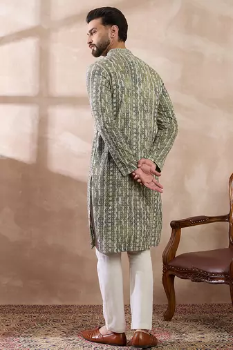 Men green silk blend printed mandarin collar straight kurta
