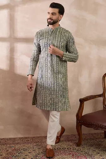 Men green silk blend printed mandarin collar straight kurta