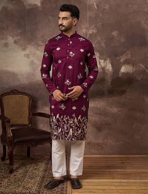 Men purple silk blend solid embroidered straight kurta 5